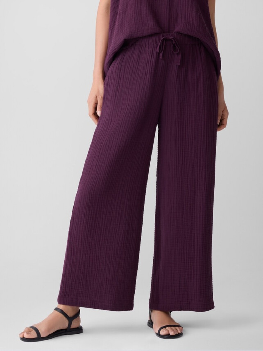 Eileen Fisher Organic Cotton Lofty Gauze Wide-Leg Pant in BlackBerry— Medium